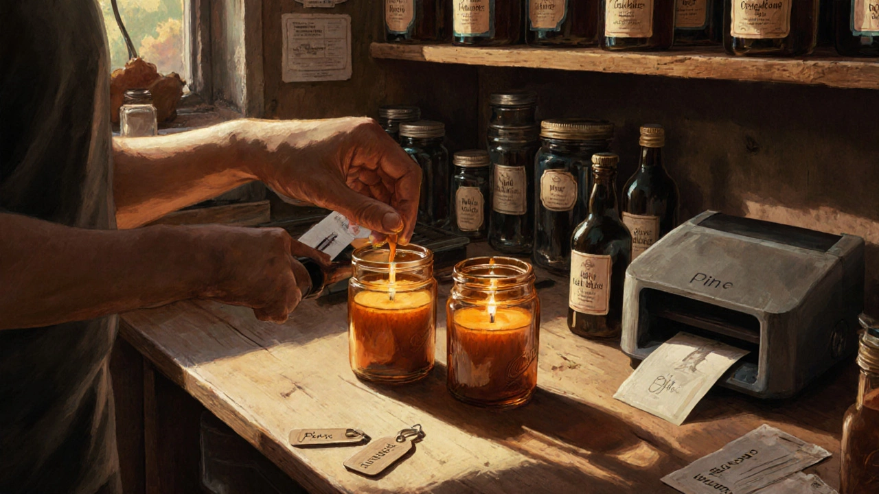 Hand-poured soy candles in glass jars with essential oils and labels in a garage workshop