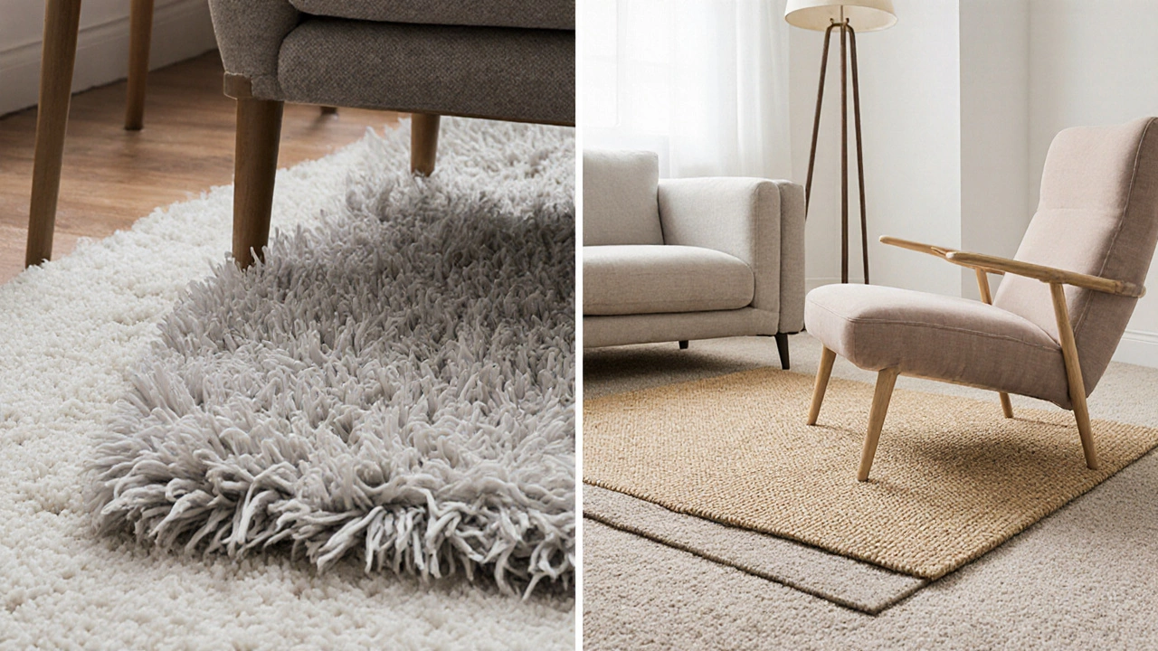 Side-by-side comparison: a bunched-up rug vs. a flat, stable rug on carpet, showing proper layering technique.
