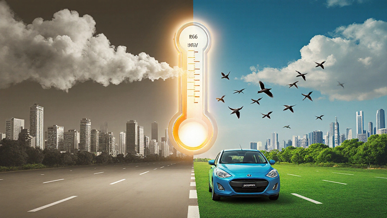 Split image: dirty smoke from old engine vs clean exhaust from BS6 car with birds flying over green city.