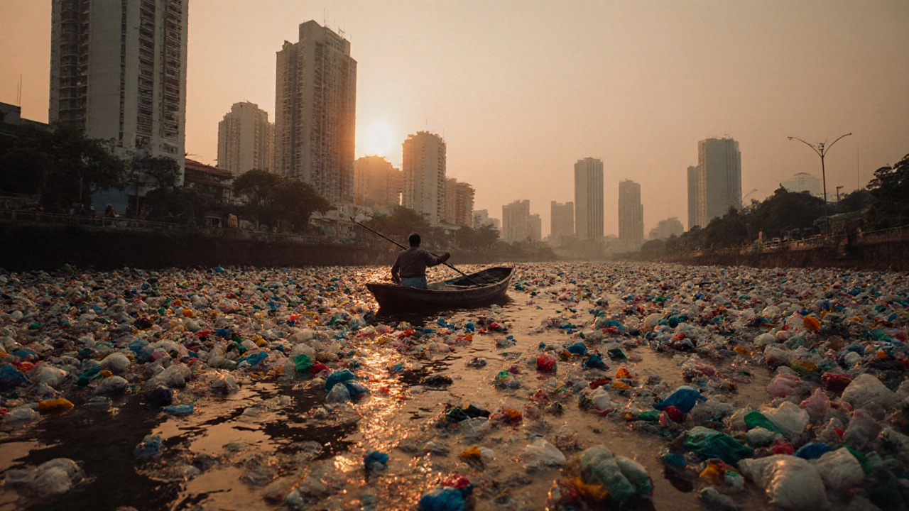 The Pasig River in Manila choked with floating plastic debris under a sunset sky.