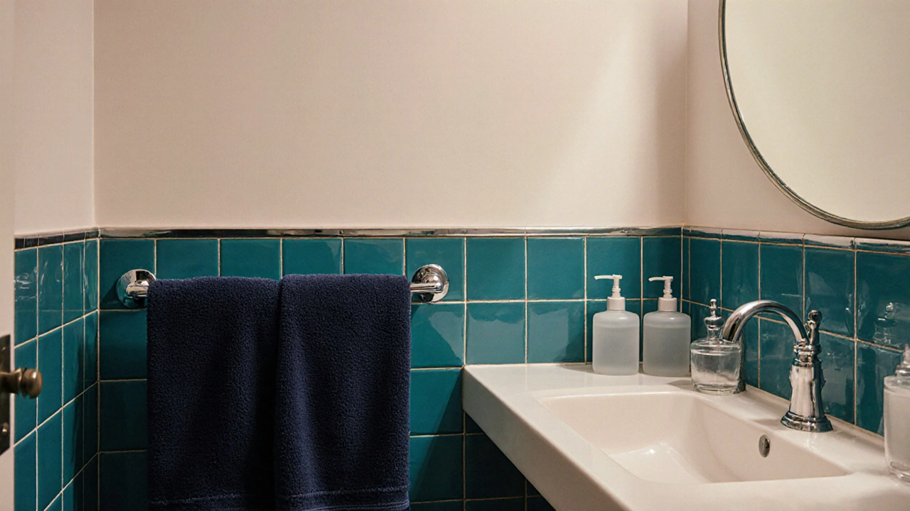 Turquoise tiles with gray and white accessories and one navy towel, creating a cohesive, updated bathroom look.