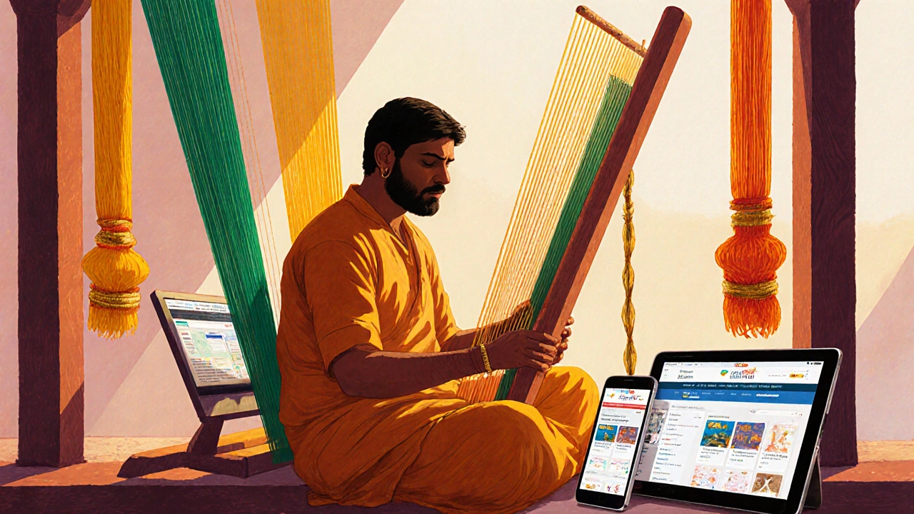 Weaver at a handloom with digital marketplace tablet beside vibrant silk threads.