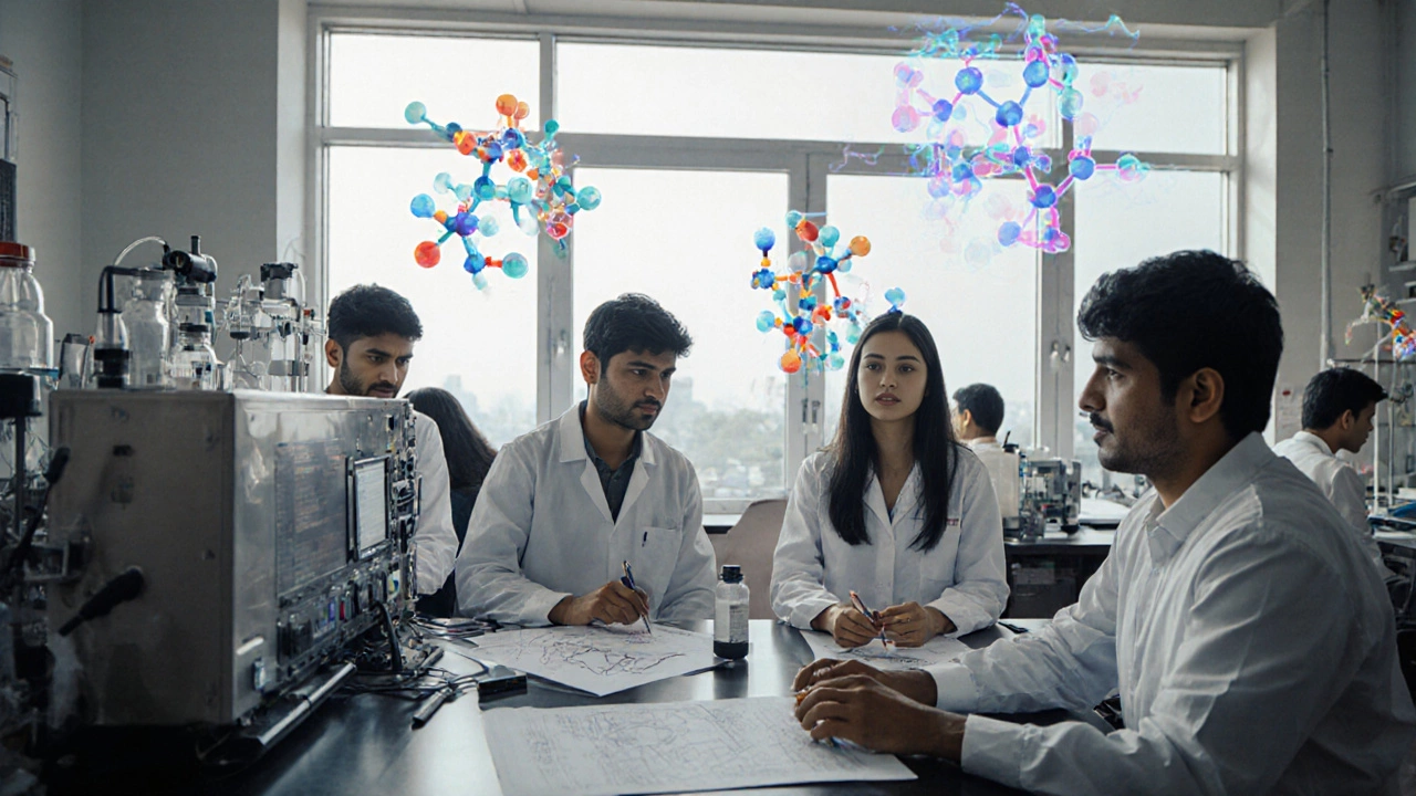 Young Indian scientists working with bioreactors and holographic drug models in a high-tech lab.