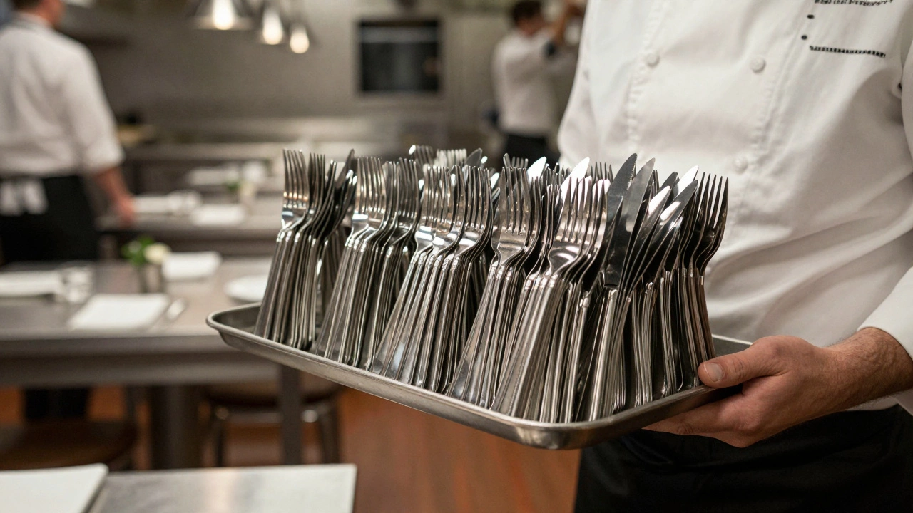 A chef holding a tray of hundreds of identical dinner knives and forks.