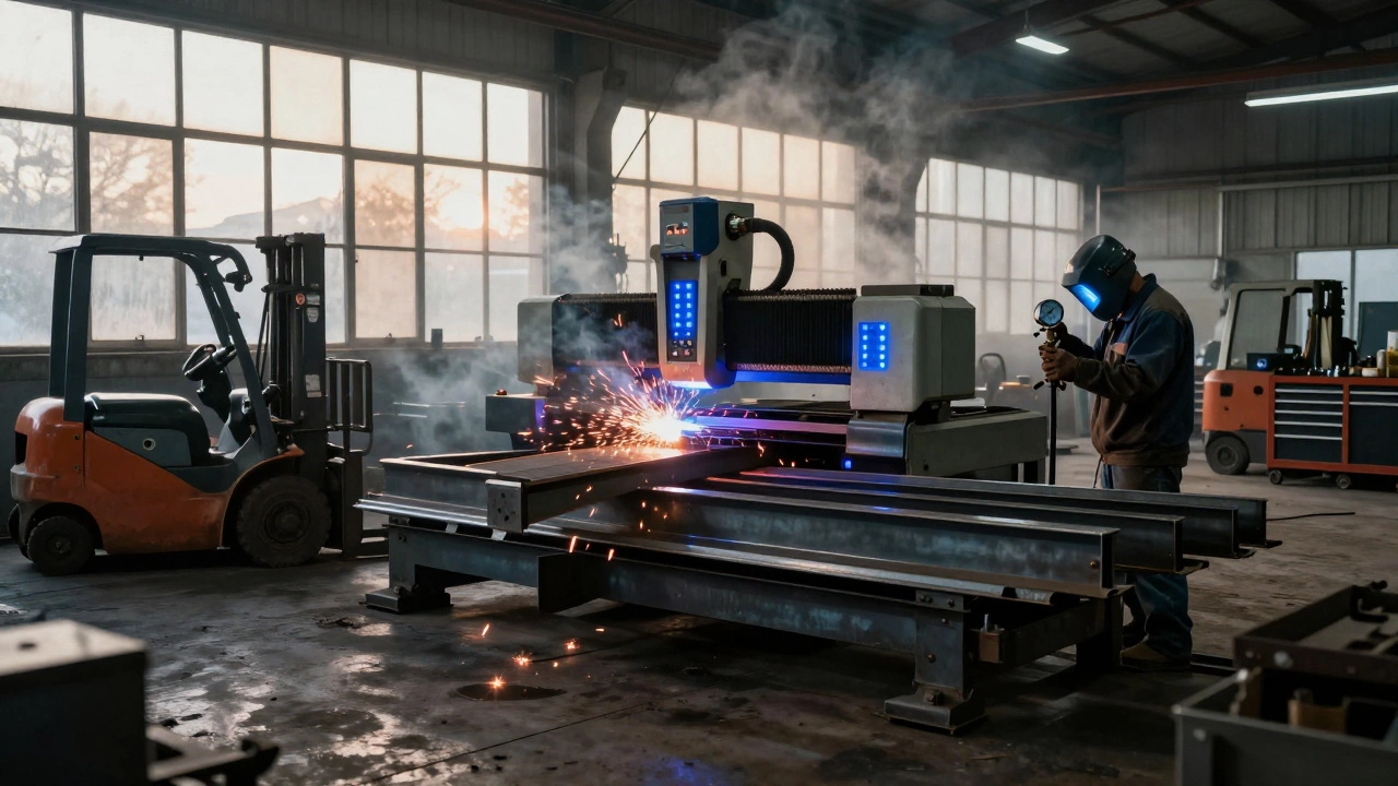 A metal fabrication shop with a CNC machine and welding sparks in a dim, early morning setting.