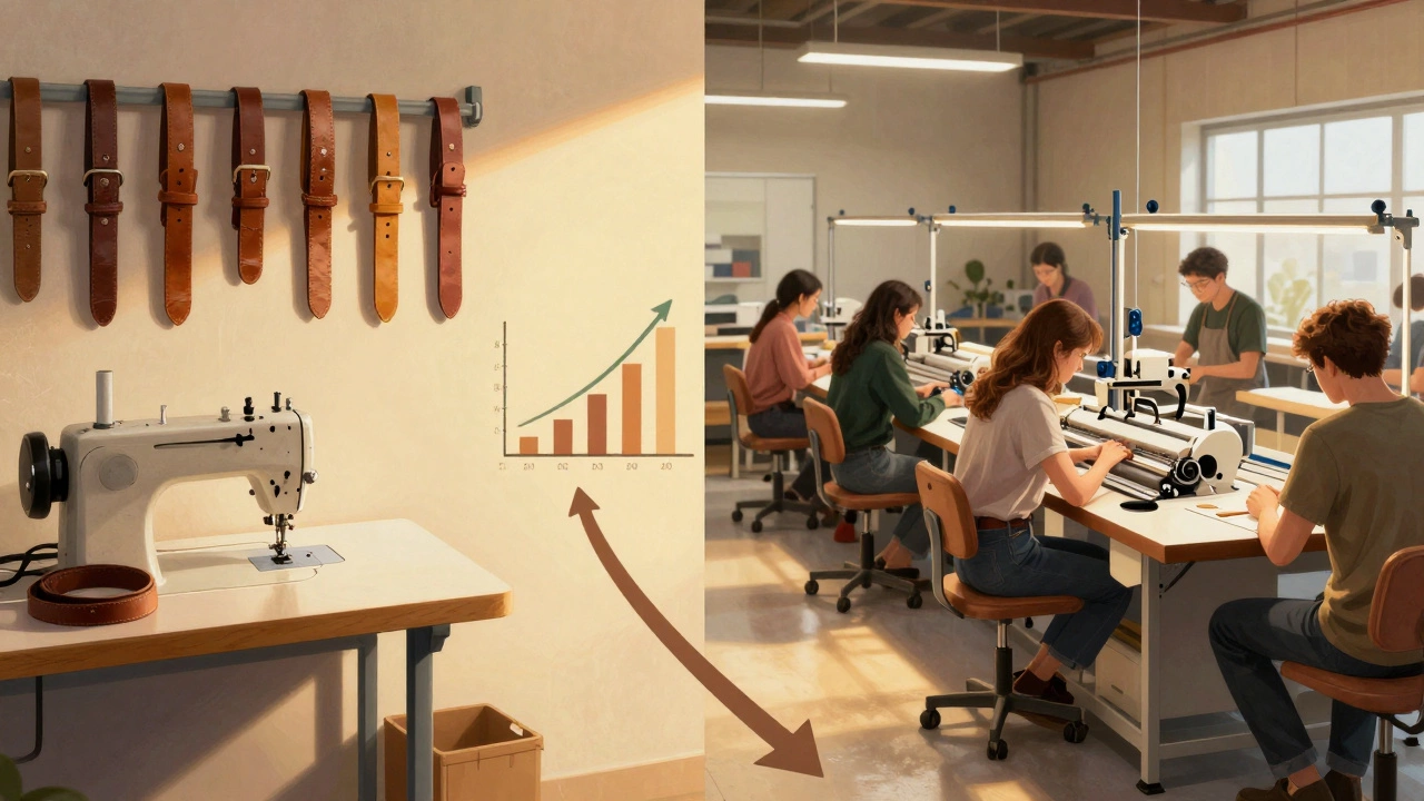 A split visual showing a garage startup growing into a small factory with growing production.