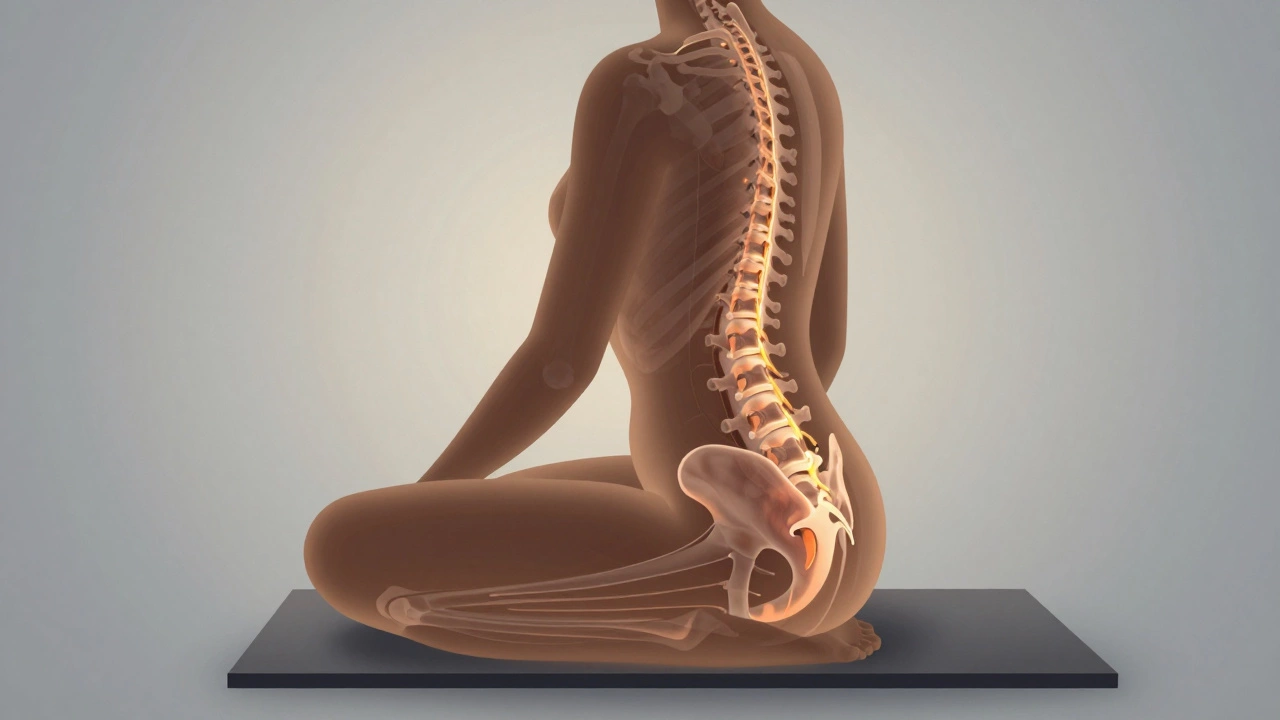 Anatomical illustration showing pressure relief on the sciatic nerve from a wedge-shaped cushion.
