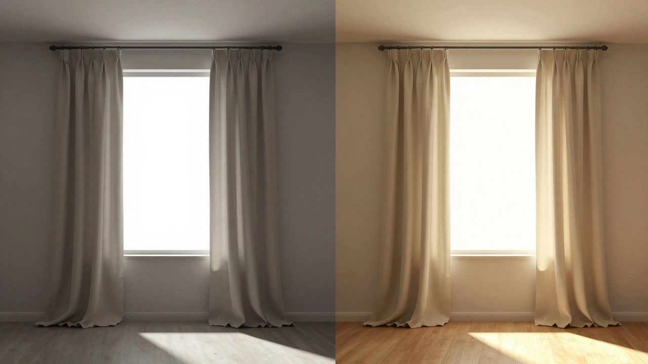 Before-and-after view: curtains ending above the window (left) vs. ceiling-to-floor (right) transforming room perception.