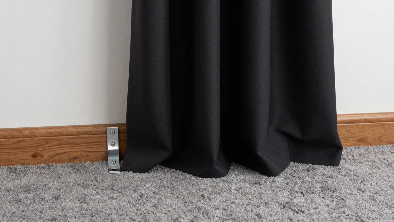 Close-up of a sturdy curtain rod mounted at ceiling level with fabric softly pooling on carpet and brushing hardwood.