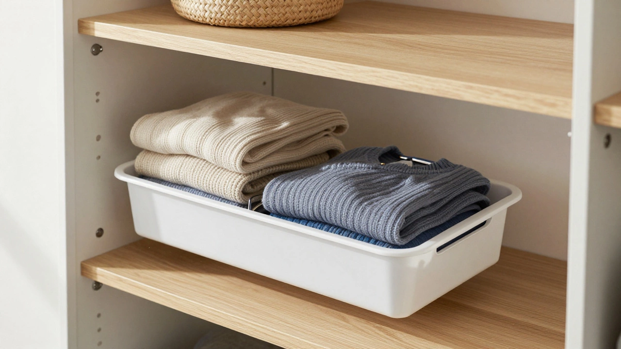 Closet with plastic storage trays on bare wooden shelves, no liner, minimalist design.