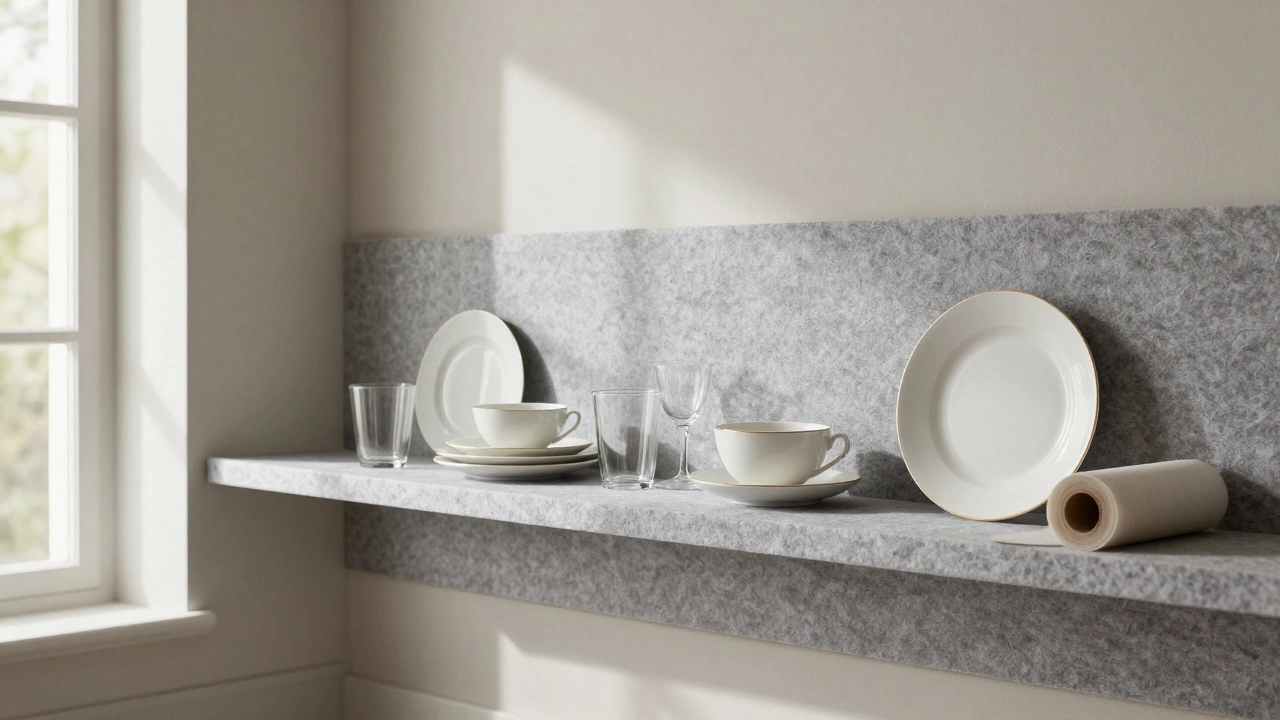 Delicate china on soft gray felt sheets in a sunlit kitchen shelf, parchment paper nearby.