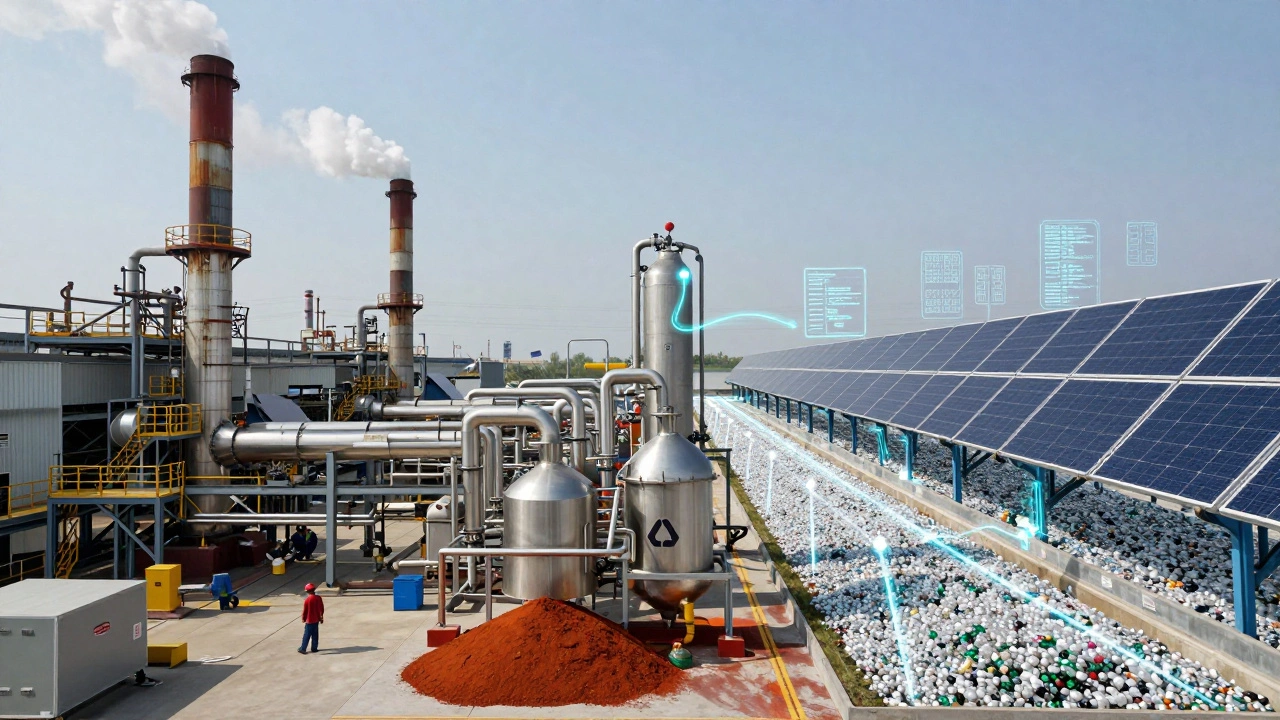 Evolution of plastic manufacturing from old factories to sustainable recycling plants.