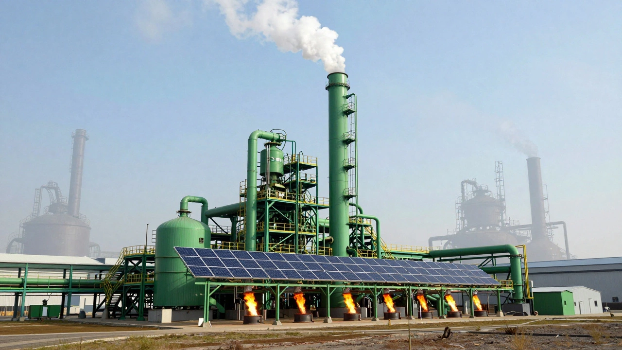 Futuristic green steel plant with hydrogen flames and solar panels, fading ghosts of old mills in background.