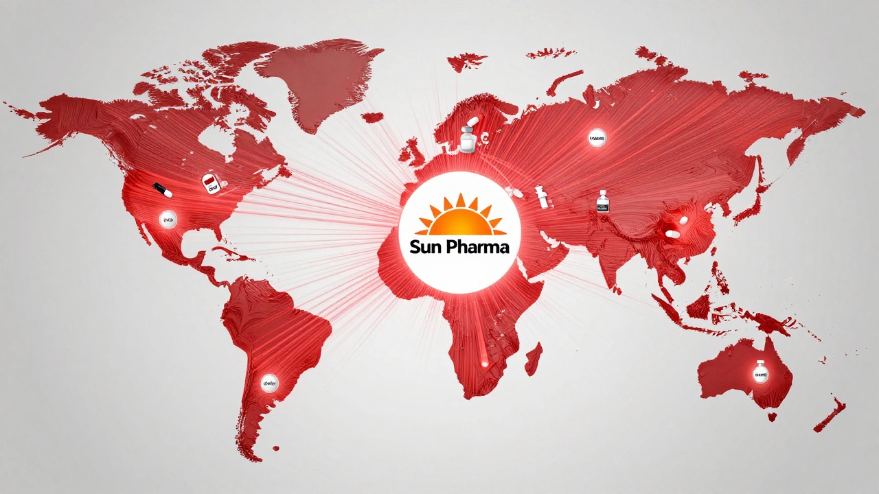 Global map showing medicine distribution from India to over 100 countries with Sun Pharma at the center.