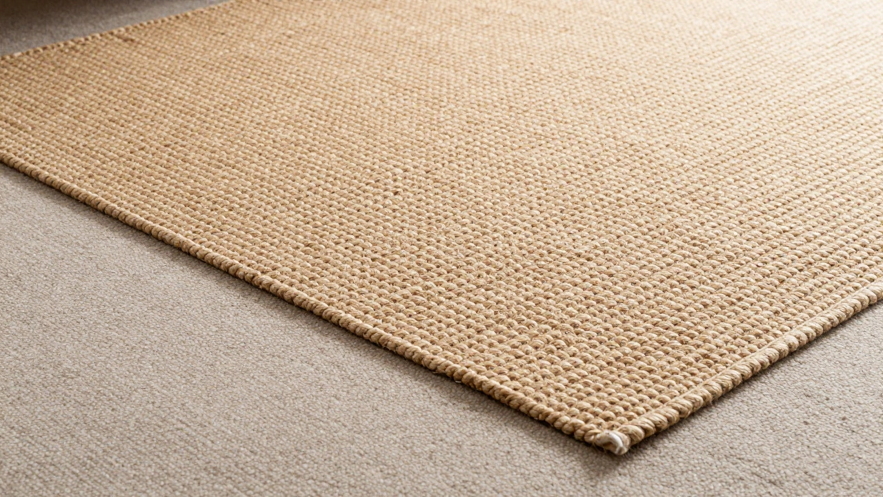 Jute rug layered over low-pile carpet, highlighting texture contrast and foundation.