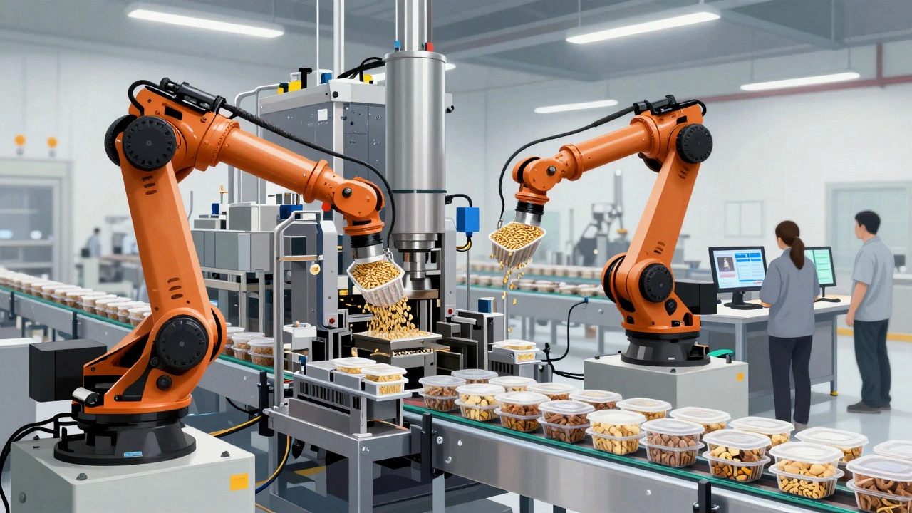 Modern plastic factory with robots and automated systems producing food containers.