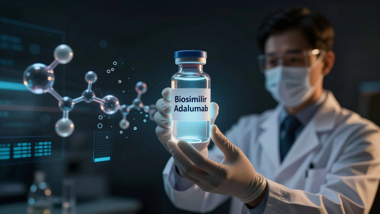 Scientist holding a glowing biosimilar drug vial with molecular structures and a patient silhouette in the background.