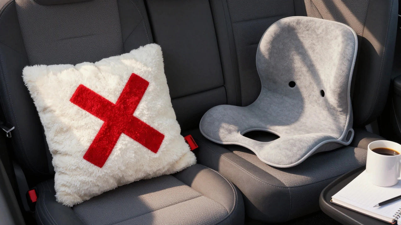 Side-by-side comparison of ineffective flat cushion versus effective orthopedic cushion on chairs.