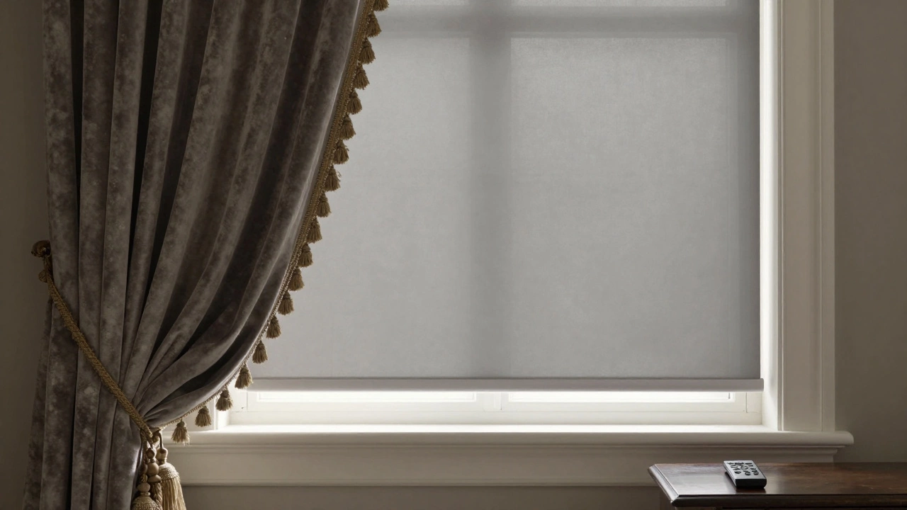 Side-by-side comparison of outdated drapes and sleek modern motorized roller shades.