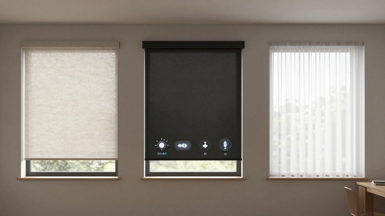 Smart home windows with different roller shade types responding to automated environmental triggers.