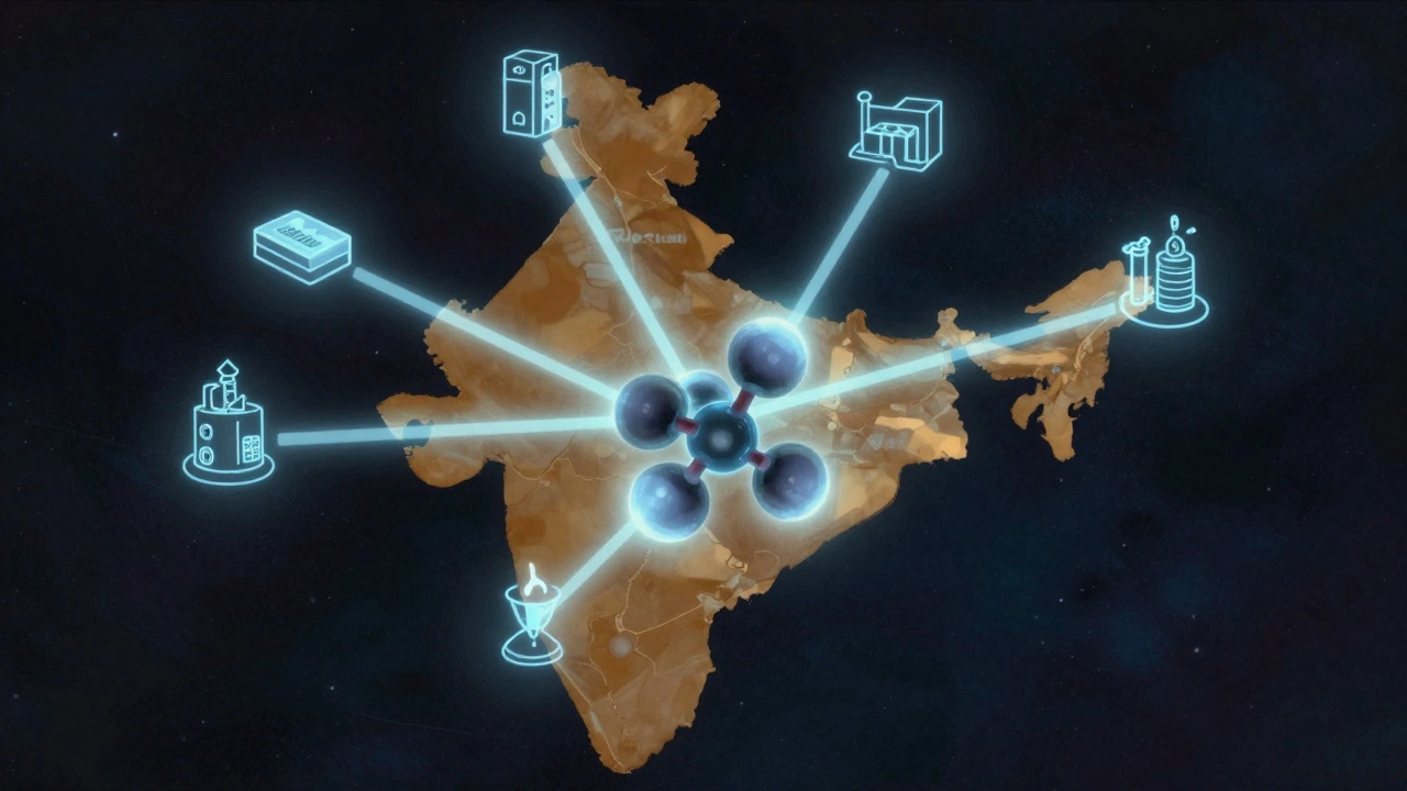 Sodium hydroxide molecule connected to Indian industries like textiles, soap, and recycling.