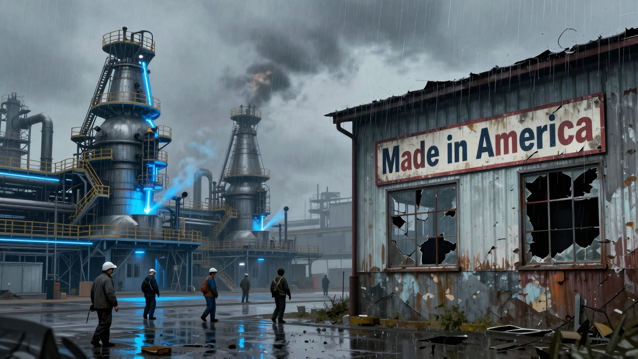 Split image: modern Chinese steel plant versus crumbling American mill, symbolizing global industrial shift.