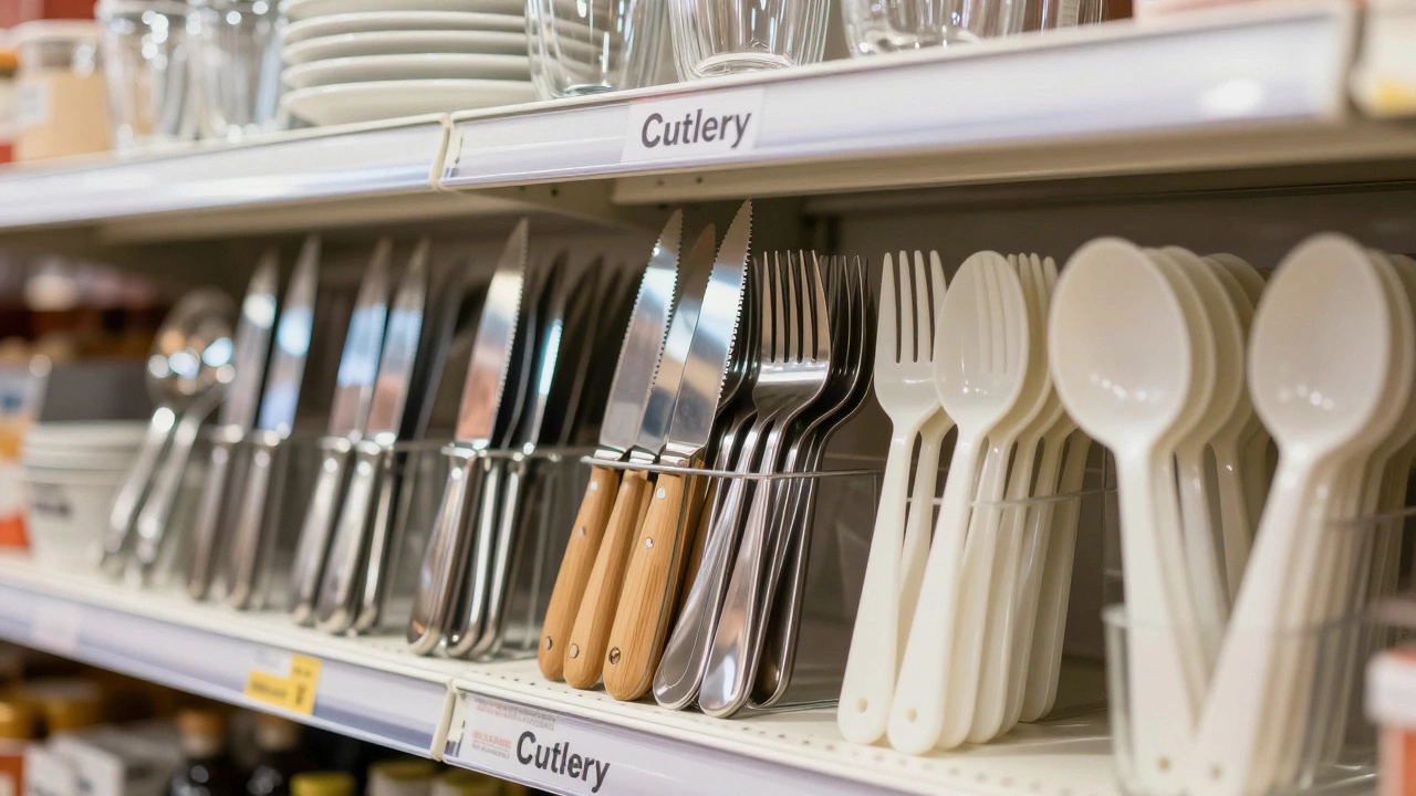 Stainless steel, bamboo, and plastic cutlery displayed on a store shelf.