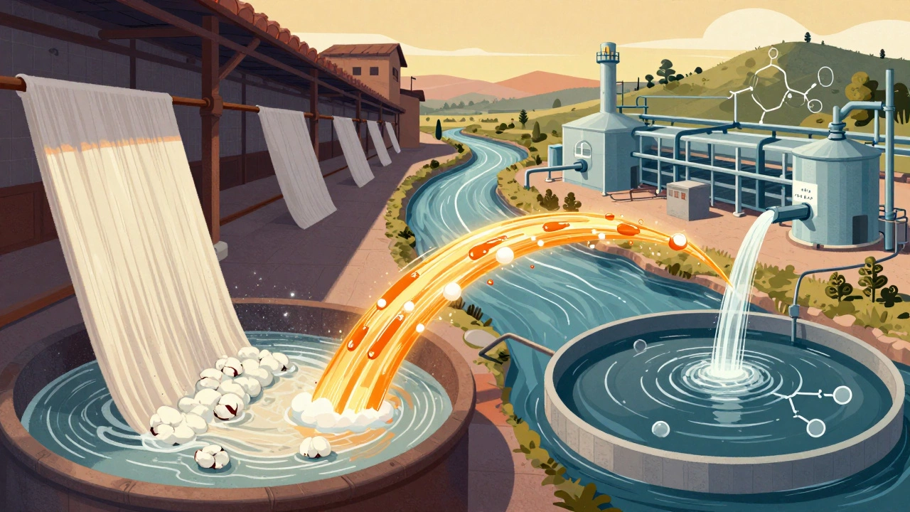 Textile mill and water treatment plant using sodium hydroxide, connected by chemical flow.