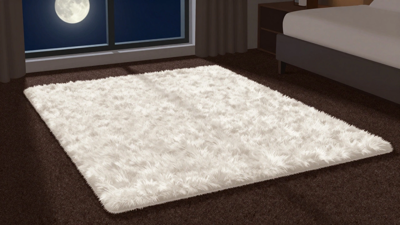 White wool rug on dark carpet in a calm bedroom, bathed in soft moonlight.