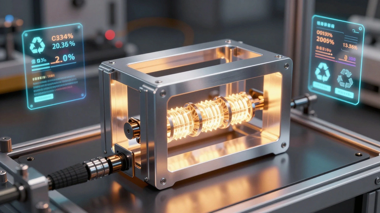 3D-printed aluminum-magnesium alloy with glowing internal structure and holographic data.