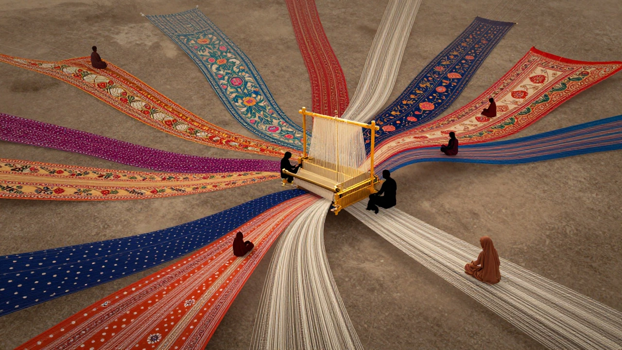 A tapestry of India's textile regions connected by threads leading to a central loom.