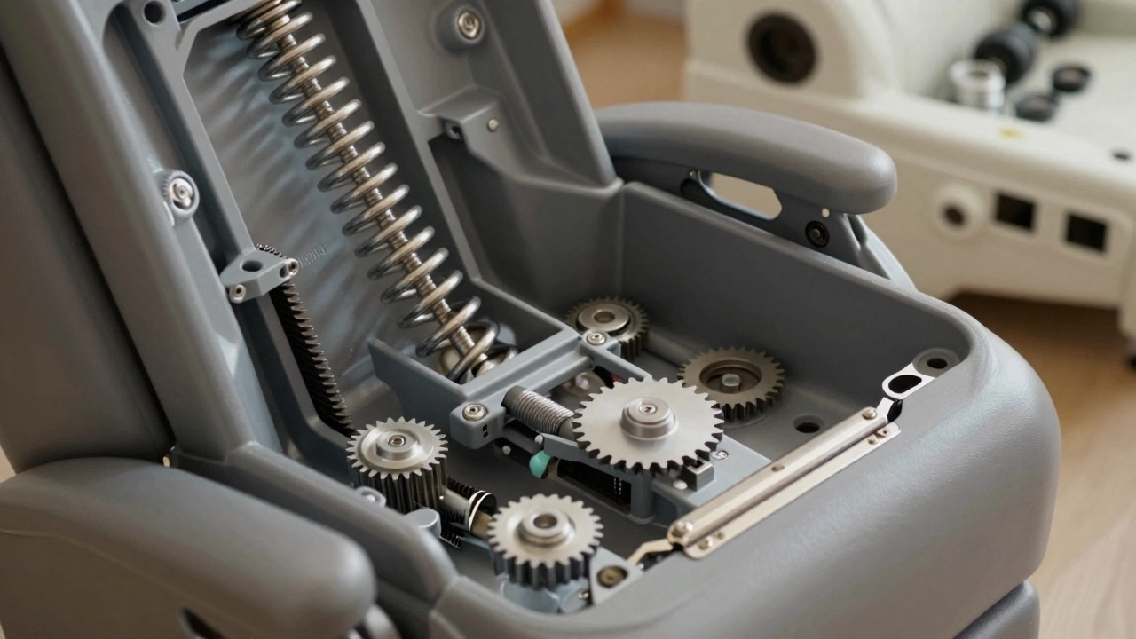 Close-up of steel springs and hand-assembled gears inside a La-Z-Boy recliner mechanism.