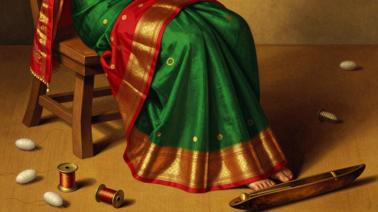 Glowing Kanjivaram silk sari with gold zari threads on a wooden stand, surrounded by silk cocoons.