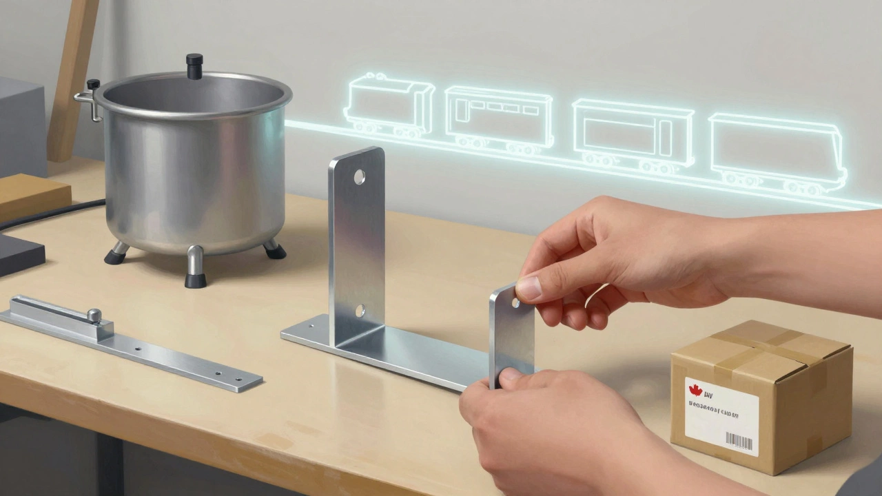 Hand-assembled metal bracket in a basement workshop, ready for shipping to model train enthusiasts.