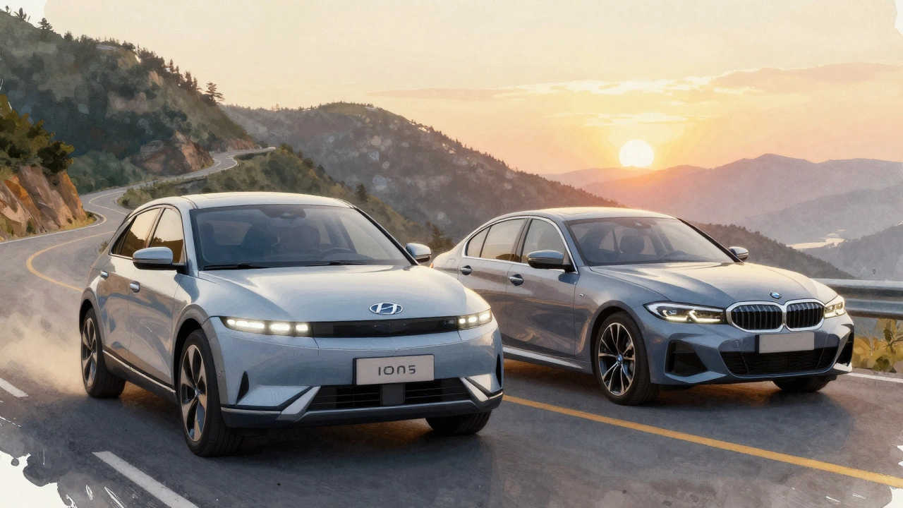 Hyundai Ioniq 5 and BMW 3 Series driving side by side on a mountain road at sunset, symbolizing global car competition.