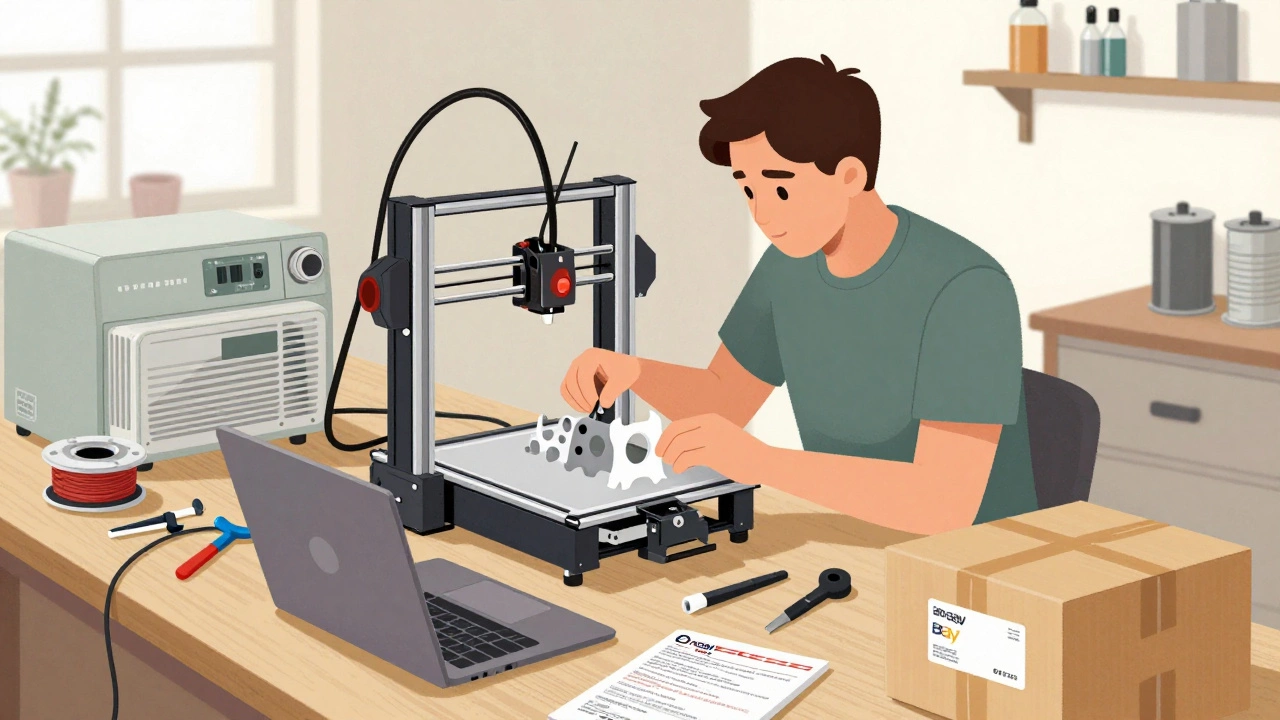 Maker using a 3D printer in a garage to create replacement parts for vintage appliances.