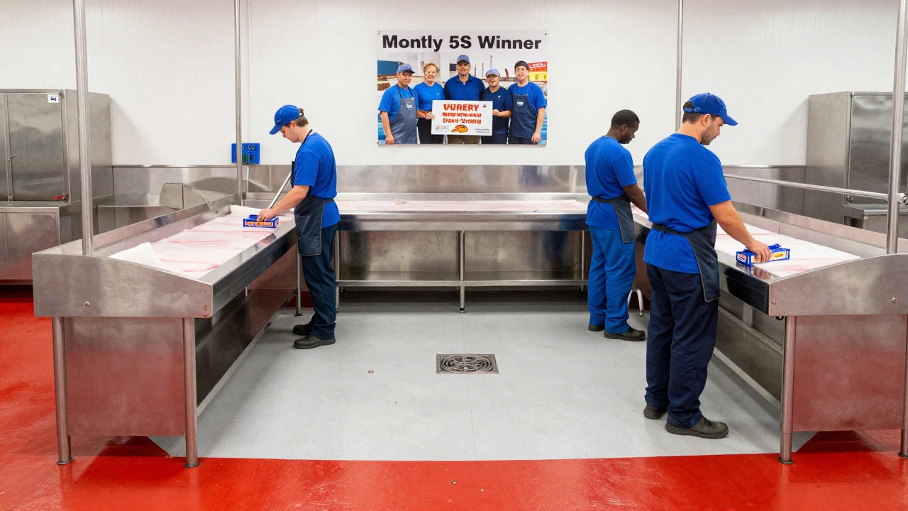 Red border on floor marks clean zone in seafood processing area, workers stepping carefully to avoid contamination.