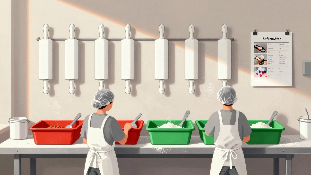 Rolling pins outlined on a wall rack in a bakery, with color-coded bins and a cleaning checklist nearby.