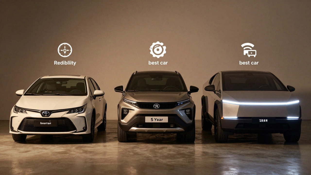 Split garage showing Toyota Corolla, Tesla Cybertruck, and Tata Punch with icons representing reliability, tech, and affordability.