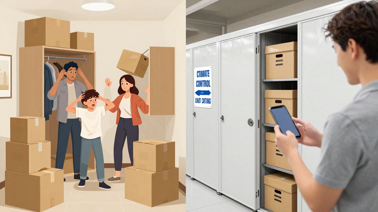 Split illustration: cluttered home vs. organized storage unit with digital access.