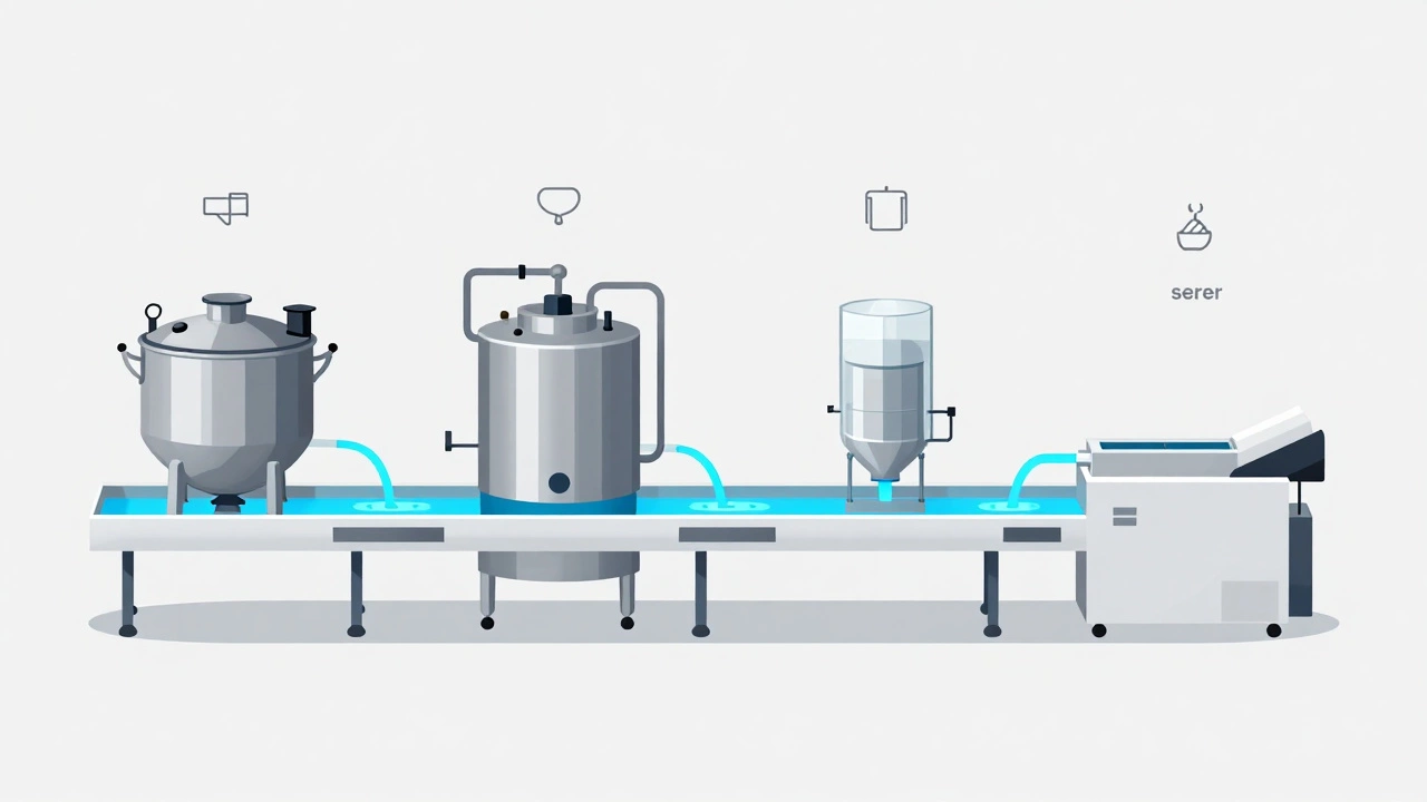 Technical cross-section illustration of interconnected food processing machines with glowing fluid pathways in a clean industrial environment.
