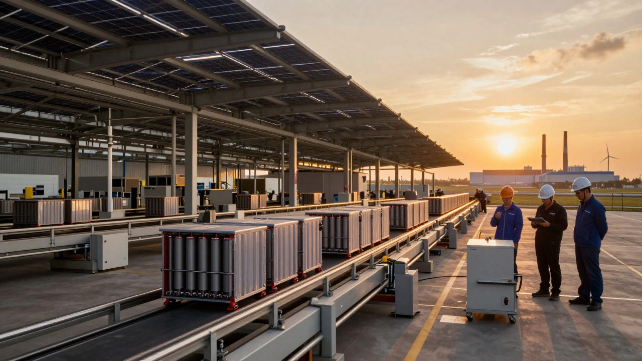 Tesla battery packs move along automated conveyors at a Gigafactory at sunset.