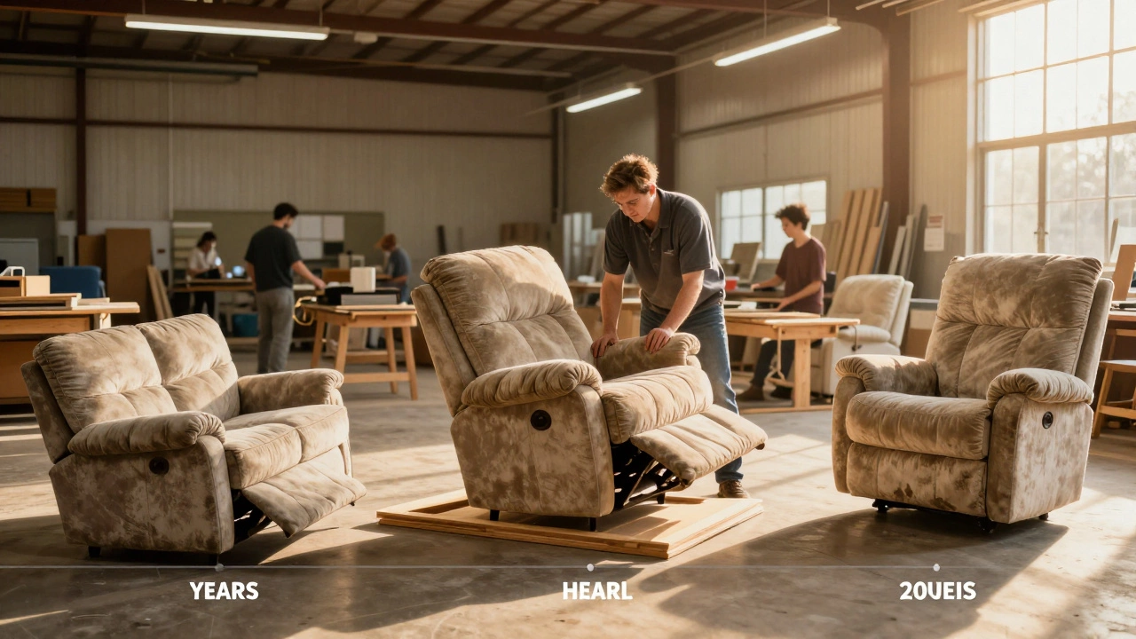 Timeline showing a cheap sofa failing versus a La-Z-Boy lasting decades through family use.
