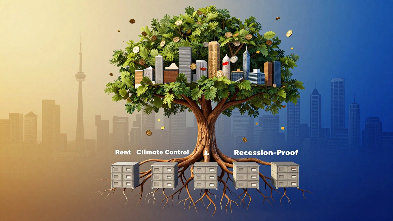 Tree with storage unit roots growing toward Canadian cities, symbolizing steady income.