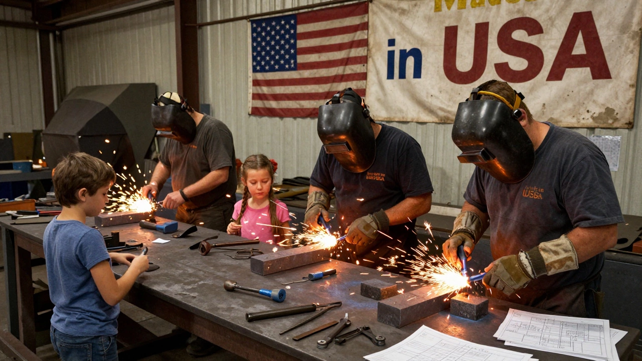Workers weld aerospace-grade steel ingots in a small Pennsylvania mill under glowing sparks.