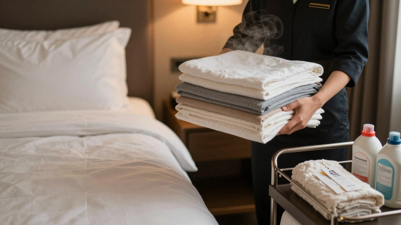 A hotel housekeeper holding folded sheets and pillowcases beside a made bed.