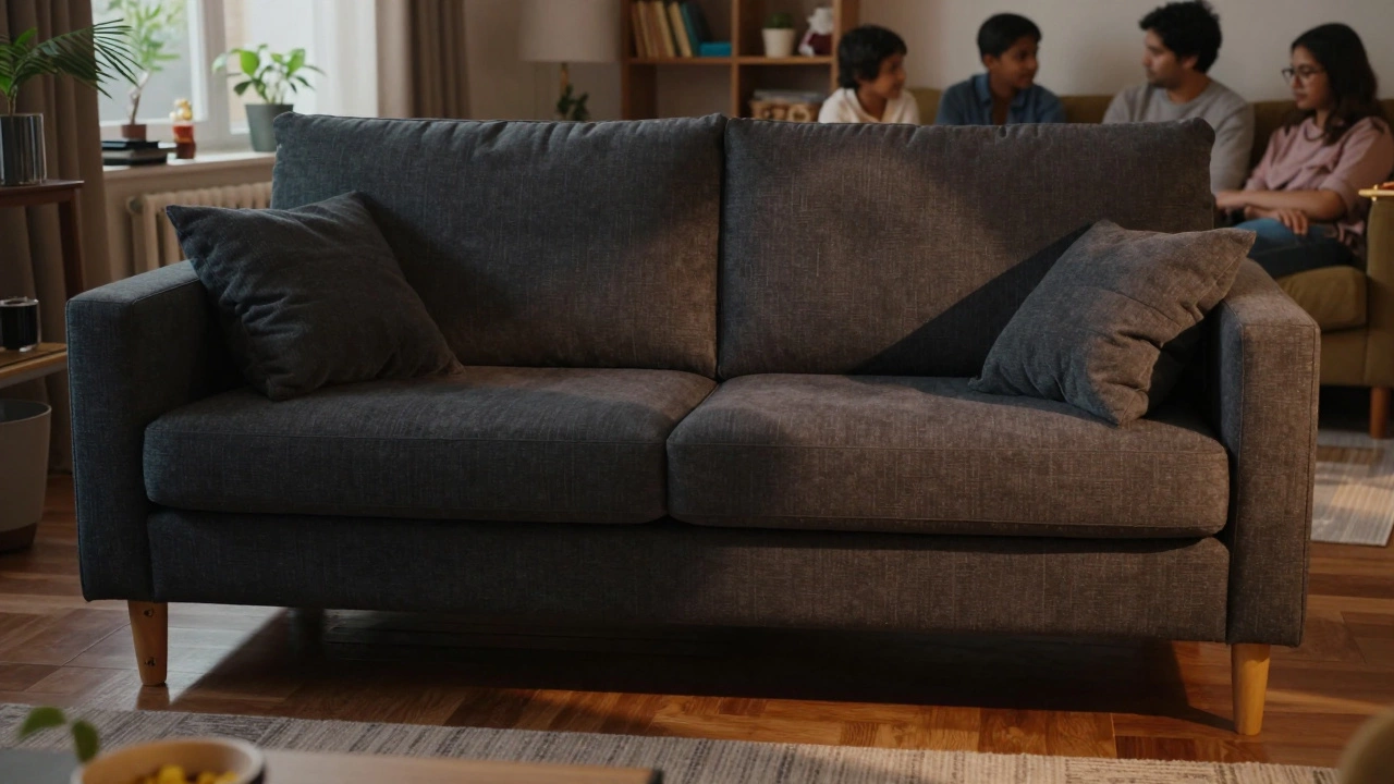 A long-lasting sofa in a home setting, with plump cushions and sturdy wood legs, showing no signs of wear.