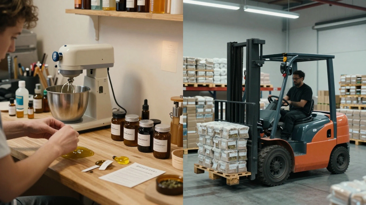 Contrasting scenes of home-based product making versus professional manufacturing facility.