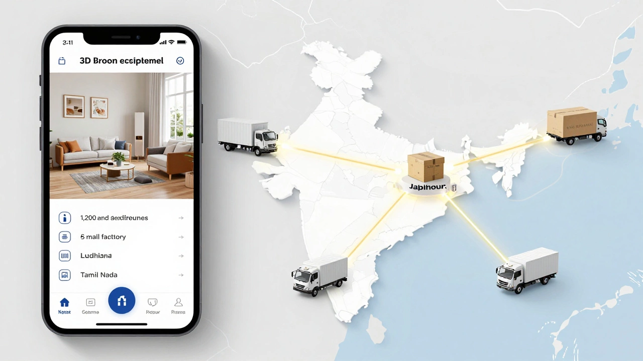 Digital interface of Pepperfry's room planner connected to factories across India, symbolizing e-commerce supply chain.