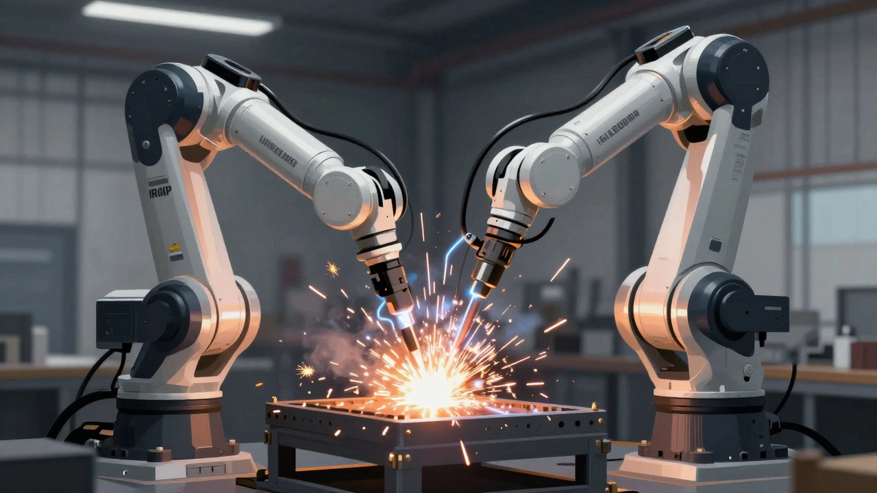 Metal fabricator using welding robot with sparks